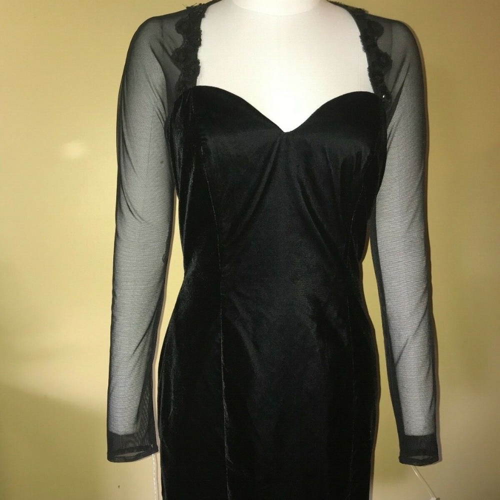 Vintage Roberta USA Sexy Black Velvet Sheer Lace Sequin Open Back Evening Dresss